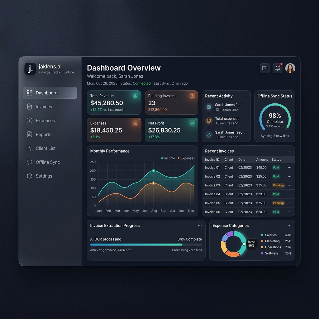jaklens.ai - free offline AI invoice management and expense tracker dashboard application
